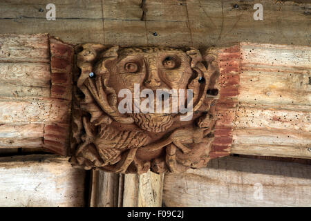 Green Man wooden carving in roof, St. Michael`s Church, Stretton-en-le-Field, Leicestershire, England, UK Stock Photo